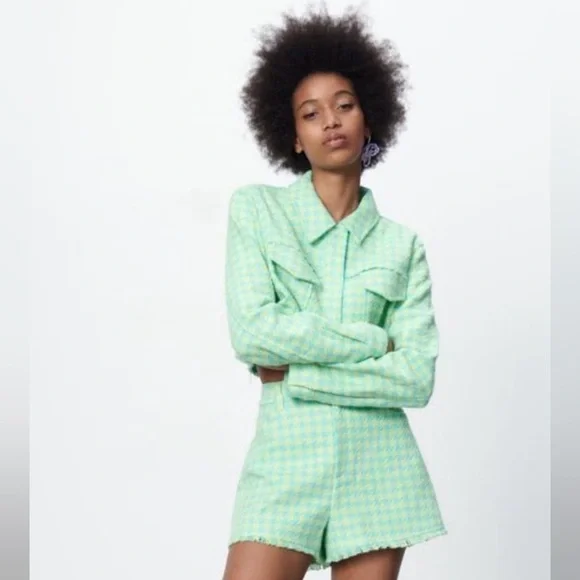 ZARA Tweed Stylish Houndstooth Short in Blue and Green Size Med- B2 - Picture 1 of 5